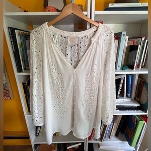 Johnny Was eyelet embroidered white top blouse boho peasant